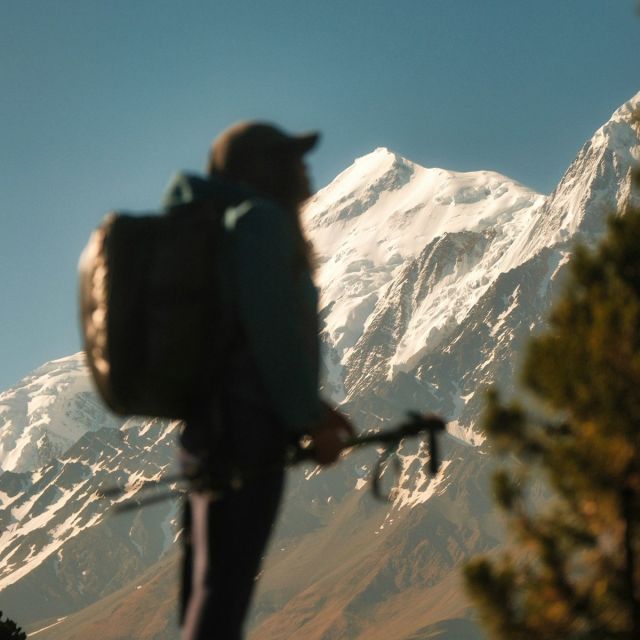 Mountaineer with trekking poles below a snow-covered peak