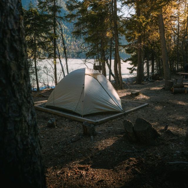 Tent pitched on a forest platform beside a lake